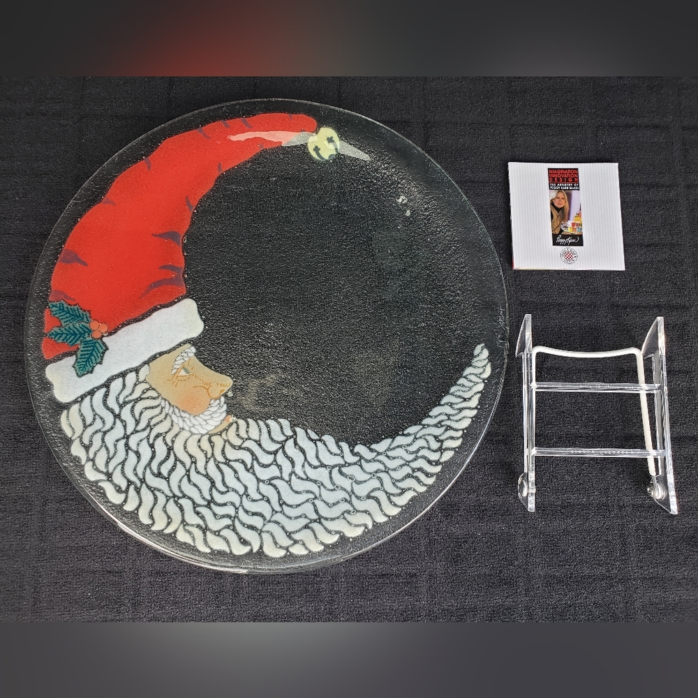 EUC Peggy Karr Art Glass 14" Round Christmas Crescent Santa Face St Nick Platter
